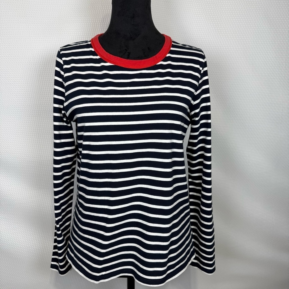 BODEN Womens Cotton Navy White Stripes Long Sleeve T-Shirt with Red Trim-Size 6